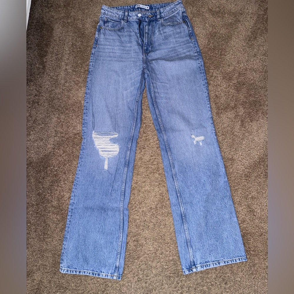 Zara Light Blue Distressed Wide Leg Jeans